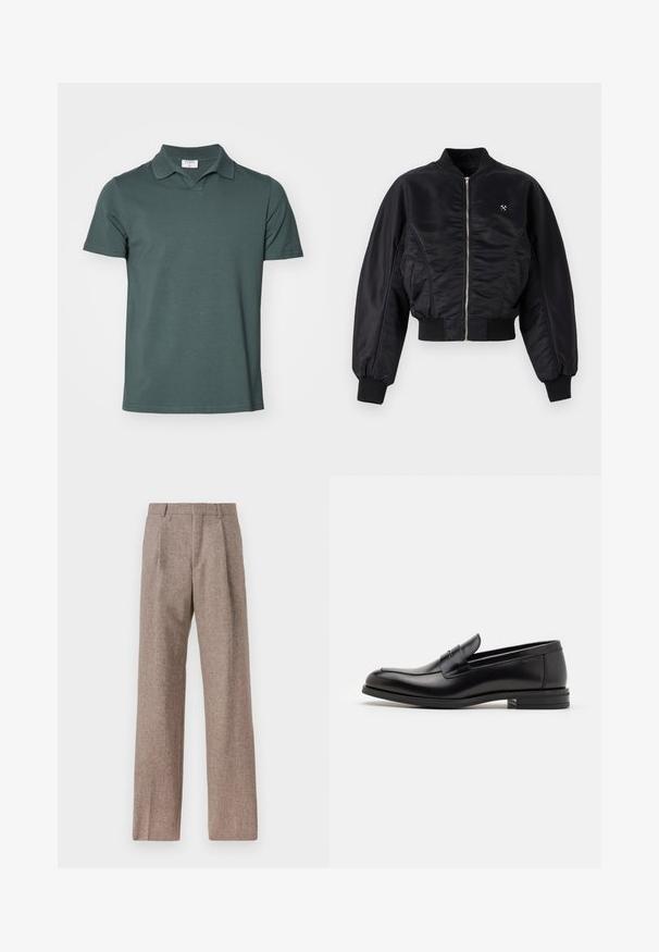 Černá bomber bunda s lesklým saténovým povrchem, zapínání na zip, pruhované manžety a lem. Obsahuje boční kapsy a nenápadný logo detail na hrudi.; Filippa K Polotričko - dark green grey; Hnědé kalhoty s vysokým pasem vyrobené z texturované látky. Mají široké nohavice a dva přední sklady pro strukturu. Úhledné provedení bez viditelné kovových částí.; Černé kožené polobotky s hladkou texturou, zaoblenou špičkou a zdobným páskem přes nárt. Nízký stohovaný podpatek, minimalistický design.