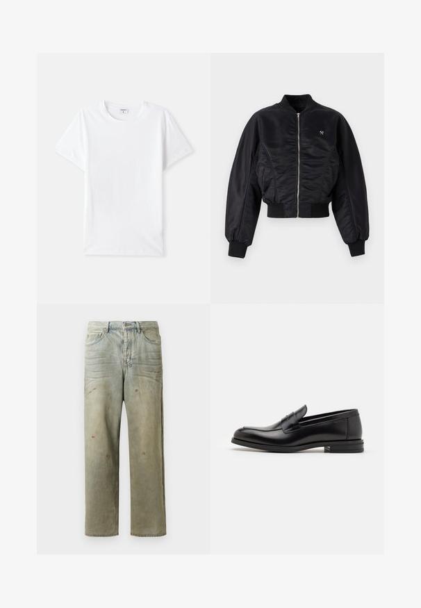 Chaqueta bomber negra con un acabado satinado brillante, cierre de cremallera, puños y dobladillo de canalé. Cuenta con bolsillos laterales y un discreto detalle del logo en el pecho.; Camiseta de algodón blanca, cuello redondo, mangas cortas, textura suave, sin patrones ni acentos, diseño simple, ajuste estándar.; Jeans de mezclilla desgastados en verde claro, con corte recto, diseño de cinco bolsillos y decoloración desigual con manchas de pintura.; Mocasines de cuero negro con una textura suave, puntera redondeada y una tira decorativa en el empeine. Tacón bajo apilado, diseño minimalista.