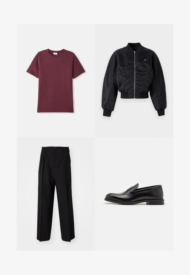 Fekete bomberdzseki fényes selyemfényű kivitelben, cipzáros záródással, bordázott mandzsettákkal és aljjal. Oldalsó zsebekkel és diszkrét logórészlettel a mellrészen.; Burgundi színű pamut póló, környakú, rövid ujjú és laza fazonú. Sima textúrájú és minimalista dizájnú.; Fekete, pliszírozott nadrág, egyenes, széles lábakkal. Sima anyagból készült, gombos záródással és övhurkokkal rendelkezik.; Fekete bőr loaferek sima textúrával, kerek orral és dekoratív pánttal a vampnál. Alacsony, rétegelt sarkú, minimalista dizájn.