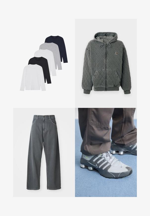 Moletom cinza acolchoado com fecho zip, capuz com cordão e grandes bolsos. Apresenta punhos e bainha canelados, com um pequeno patch de logotipo no peito.; Cinco camisetas de manga longa em branco, preto, azul marinho escuro, cinza e cinza claro. Feitas de tecido macio, com golas redondas e punhos canelados.; Calças largas de ganga cinza com cintura alta, apresentando bolsos frontais, passantes para cinto e um fecho de botão na cintura.; Ténis Nike Shox cinza e prata apresentam um design elegante, com materiais em malha e sintéticos, ponta arredondada e colarinho acolchoado.