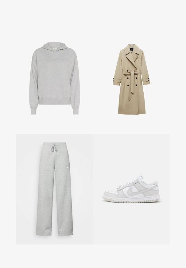 Manteau beige avec un devant croisé, grands revers, ceinture à nouer à la taille et accents de boutons noirs. Manches longues, à coupe droite.; Kaffe LIV - Sweat à capuche - grey melange; Pantalon de survêtement gris avec une taille élastique, un détail de cordon de serrage et un petit logo Nike blanc sur la cuisse gauche. Tissu doux, coupe ample.; Baskets en cuir blanc avec des accents gris, bout perforé, lacets plats, col rembourré et semelle en caoutchouc texturée.