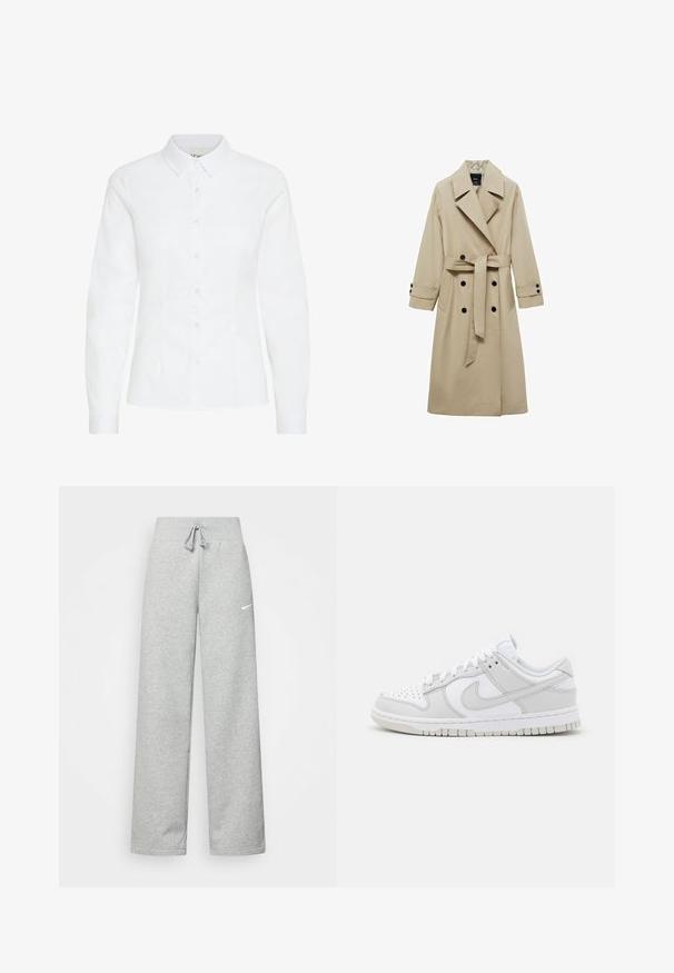 Beživi trench kaput s dvostrukim kopčanjem sprijeda, velikim reverima, remenom na struku i crnim dugmadima kao ukrasima. Dugi, ravno krojeni rukavi.; Bijela košulja na dugih rukava od glatke tkanine. Ima klasičan ovratnik i šest dugmadi sprijeda, s prilagođenim krojem.; Sive trenirke s elastičnim pojasom, detaljem za vezanje, i malim bijelim Nike logom na lijevom bedru. Mekana tkanina, širokog kroja.; Bijele kožne tenisice s sivozlatnim naglascima, perforiranim prstom, ravnim vezicama, udobnim ovratnikom i teksturiranom gumena potplatom.