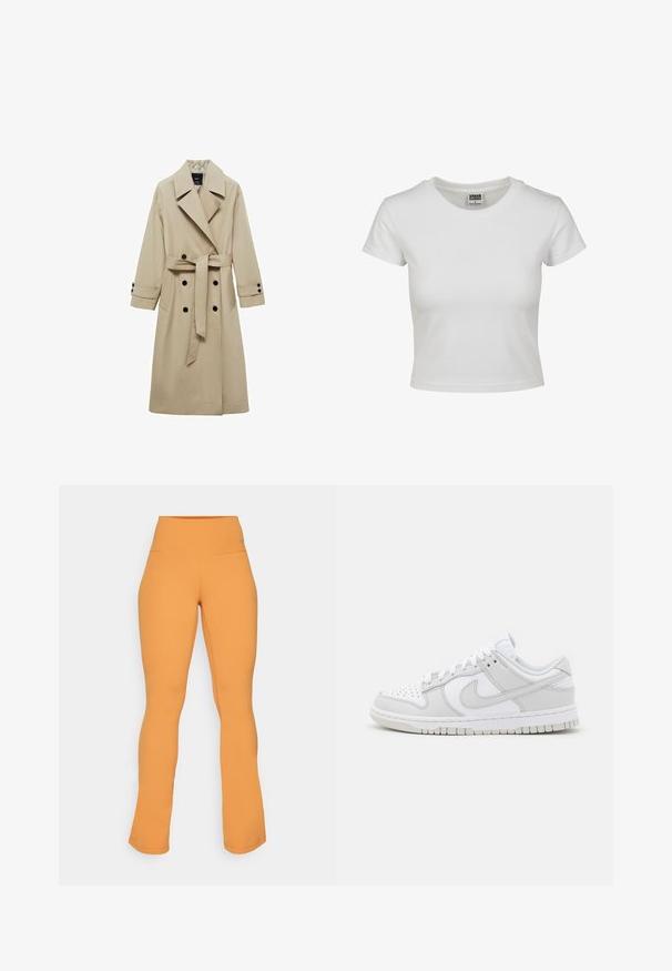 Bež plašč s dvojno zadrgo spredaj, velikimi reverji, pasom z zavezo v pasu in črnimi gumbi. Dolgi, ravno krojeni rokavi.; Bela bombažna majica s klasičnim okroglim ovratnikom, kratkimi rokavi in prilegajočim se krojem. Ni vidnih vzorcev ali dodatkov.; Oranžne flared legging hlače z visokim pasom, izdelane iz raztegljivega materiala. Imajo gladko teksturo in subtilno blagovno znamko na pasu.; Bela usnjena športna obutev z sivo-nitastimi detajli, perforiranim prstom, ravnimi vezalkami, oblazinjeno ovratnikom in teksturirano gumijasto podplatom.