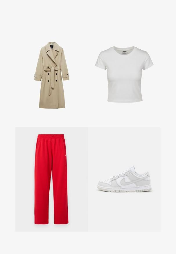 Beige trench coat with a double-breasted front, large lapels, tie belt at the waist, and black button accents. Long, straight-cut sleeves.; White cotton t-shirt with a classic crew neck, short sleeves, and a fitted shape. No patterns or accents visible.; Red athletic pants with an elastic waistband, side pockets, and a white Nike logo on the left side. Made from a smooth fabric.; White leather sneakers with grey accents, perforated toe, flat laces, cushioned collar, and a textured rubber sole.