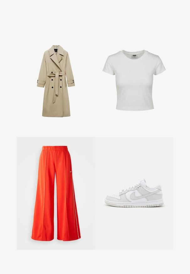 Bež plašč s dvojno zadrgo spredaj, velikimi reverji, pasom z zavezo v pasu in črnimi gumbi. Dolgi, ravno krojeni rokavi.; Bela bombažna majica s klasičnim okroglim ovratnikom, kratkimi rokavi in prilegajočim se krojem. Ni vidnih vzorcev ali dodatkov.; Rde hlače iz lahkotnega materiala imajo širok kroj, elastičen pas in bel Nike logo na strani.; Bela usnjena športna obutev z sivo-nitastimi detajli, perforiranim prstom, ravnimi vezalkami, oblazinjeno ovratnikom in teksturirano gumijasto podplatom.