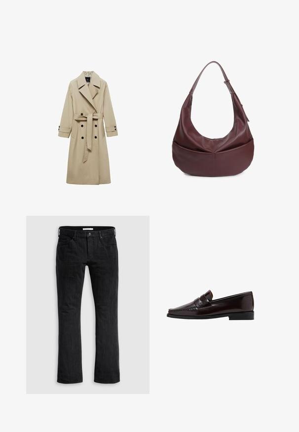 Beige trench coat with a double-breasted front, large lapels, tie belt at the waist, and black button accents. Long, straight-cut sleeves.; Beige long-sleeve crew neck shirt with fitted silhouette, displayed flat against a light background.; Black denim jeans with a straight leg cut, featuring a classic five-pocket design, subtle vertical texture, and front button closure.; Brown leather loafer with a moccasin-style front, raised stitching along the vamp, and a low black rubber sole. Smooth, polished finish.; Burgundy leather hobo bag with a curved silhouette, wide strap, and a zip closure. Features a front pocket with a smooth texture.