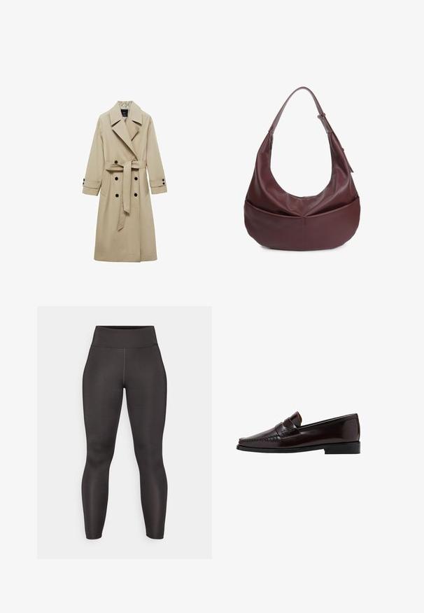 Beživi trench kaput s dvostrukim kopčanjem sprijeda, velikim reverima, remenom na struku i crnim dugmadima kao ukrasima. Dugi, ravno krojeni rukavi.; Dva topa na bazi bez rukava u crnoj i bijeloj boji; svaki ima tanke podesive naramenice, glatku teksturu i jednostavan, ravno rezan dizajn.; Crne atletske tajice s visokim strukom, napravljene od glatkog, rastezljivog materijala. Imaju prilagođen dizajn i bešavnu konstrukciju.; Smeđe kožne mokasine s prednjim dijelom u mokasinskom stilu, istaknutim šavovima uz gornji dio i niskim crnim gumastim potplatom. Glatka, sjajna površina.; Bordo kožna hobo torba s zakrivljenim siluetom, širokim remenom i zatvaranjem na zip. Sadrži prednju džep s glatkom teksturom.