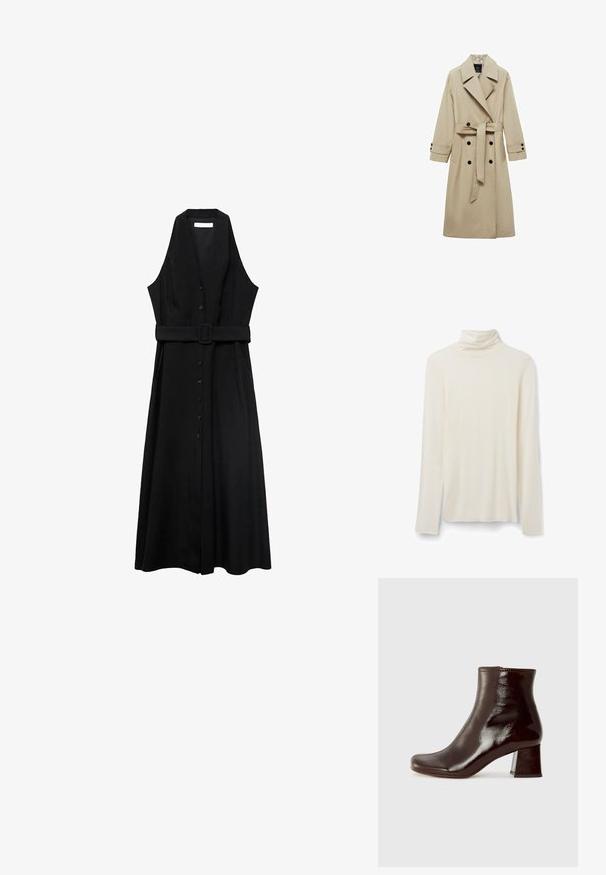 Beige trenčkot s dvouřadovým zapínáním, velkými klopami, páskem na zavázání v pase a černými knoflíky jako akcenty. Dlouhé, rovné rukávy.; Krémový rolák s dlouhým rukávem vyrobený z měkké látky, s přiléhavým límcem a jednoduchým designem, dlouhými rukávy a rovnými lemy.; Černé bezramínkové šaty s opaskem, s knoflíkovým zapínáním vpředu a splývající sukní, vyrobené z hladkého materiálu s minimalistickým designem.; Chie Mihara MUKI - Kotníkové boty na klínu - sucre choco