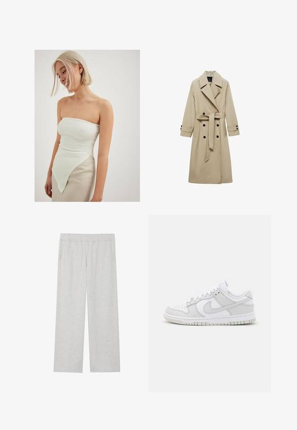 Beige trenchcoat met een dubbelgevoerde voorkant, grote revers, strikceintuur op de taille en zwarte knoopaccenten. Lange, recht gesneden mouwen.; Witte strapless top met gestructureerde ribbels, voorzien van een asymmetrische onderrand die aan één kant verlengd is, gecombineerd met een lichtbeige rok.; Lichtgrijze, wijde sweatpants van zacht materiaal. Heeft een elastische tailleband en zijzakken. Gladde textuur met een strak ontwerp.; Witte leren sneakers met grijze accenten, geperforeerde teen, platte veters, gevoerde kraag en een gemanipuleerde rubberen zool.