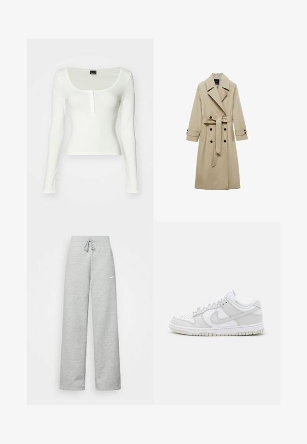 Beige Trenchcoat mit einer doppeltbreitigen Vorderseite, großen Revers, einem Bindegürtel in der Taille und schwarzen Knopfakzenten. Lange, gerade geschnittene Ärmel.; Weißes Langarmoberteil mit U-Boot-Ausschnitt und einer Knopfleiste. Hergestellt aus glattem Stoff mit einer taillierten Silhouette und ohne sichtbare Muster.; Graue Jogginghose mit elastischem Bund, Kordelzug und kleinem weißen Nike-Logo am linken Oberschenkel. Weicher Stoff, locker sitzend.; Weiße Leder-Sneaker mit grauen Akzenten, perforierter Zehenpartie, flachen Schnürsenkeln, gepolstertem Kragen und einer strukturierten Gummi-Sohle.