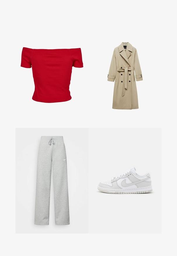 Beživi trench kaput s dvostrukim kopčanjem sprijeda, velikim reverima, remenom na struku i crnim dugmadima kao ukrasima. Dugi, ravno krojeni rukavi.; Crvena bluzica sa spuštenim ramenima, izrađena od rebrastog materijala, s kratkim rukavima i prilagođenim dizajnom. Glatka tekstura, jednobojna bez uzoraka.; Sive trenirke s elastičnim pojasom, detaljem za vezanje, i malim bijelim Nike logom na lijevom bedru. Mekana tkanina, širokog kroja.; Bijele kožne tenisice s sivozlatnim naglascima, perforiranim prstom, ravnim vezicama, udobnim ovratnikom i teksturiranom gumena potplatom.