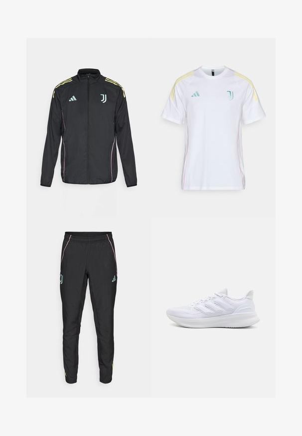Schwarze Trainingsjacke mit gelben Schulterstreifen. Verfügt über einen Reißverschluss, ein zweifarbigen Adidas-Logo, das Juventus-Wappen und pinke Seitenelemente.; Weißes Kurzarm-Trikot mit kontrastierenden gelben Akzentstreifen an den Schultern. Verfügt über ein gesticktes grünes Logo auf der Brust und pinke Seitennähte.; Schwarze Sporthosen mit glatter Textur. Mit pinken und türkisfarbenen Akzenten, einem elastischen Bund und Logodetails an den Seiten.; Weiße Sportschuhe mit einem strukturierten Mesh-Obermaterial, einer stützenden gepolsterten Sohle und einem drei Streifen-Design an der Seite.