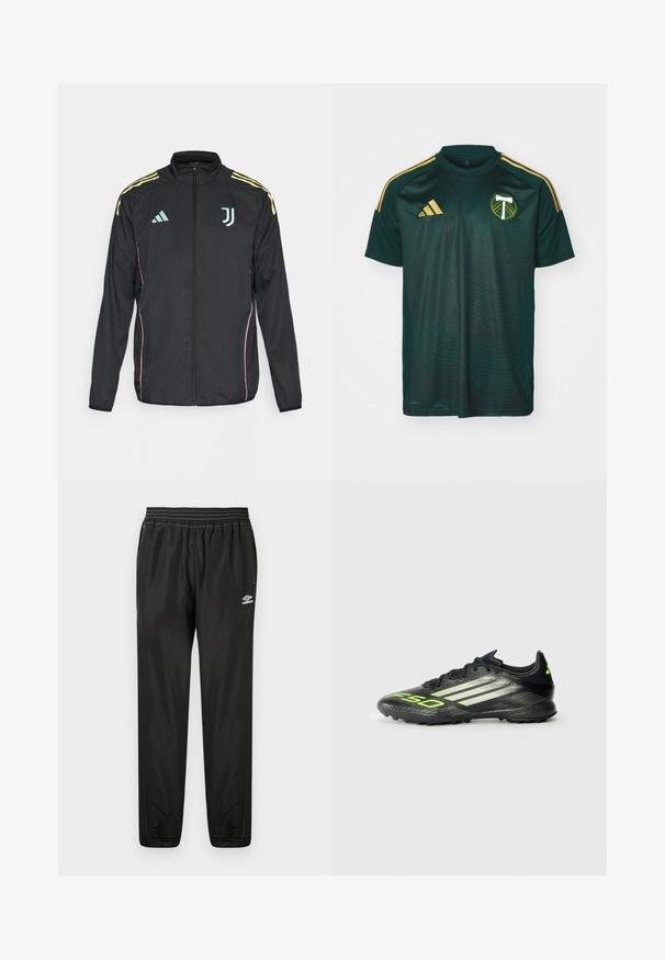 Melnā sporta jaka ar dzeltenām plecu svītrām. Satur priekšējo rāvējslēdzēju, divu toņu Adidas logo, Juventus emblemu un rozā sānu akcentus.; Zaļš futbola krekls, kas izgatavots no viegla auduma ar gludu tekstūru. Tam ir zelta svītras uz pleciem un komandas logo uz krūtīm.; Melni Umbro sporta bikses ar elastīgu vidukli, sānu kabatām, sašaurinātām kājām un logotipu labajā augšstilbā uz baltas fona.; Melnas futbola kurpes ar strukturētu virsmu, kurām ir spilgti zaļi akcenti un trīs baltas svītras. Izstrādātas zālienam ar gumijas zoli.