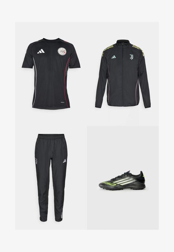 Svart träningsjacka med gula axelränder. Har en zip-fram, tvåfärgad Adidas-logotyp, Juventus-emblem och rosa sidodetaljer.; Svart träningsskjorta med korta ärmar, rund halsringning, vita detaljer, röda sidoblåser och ett runt emblem på bröstet.; adidas Performance LIVERPOOL FC 25/26 EUROPEAN PRESENTATION PANTS - Klubbkläder - black; Svart fotbollssko med strukturerad yta, med klara gröna detaljer och tre vita ränder. Designad för konstgräs med gummisula.