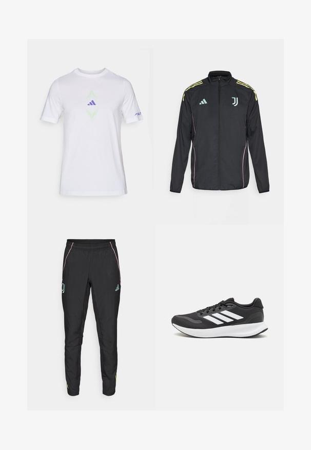 Mustat urheilutakit keltaisilla olkapaitapyrstöillä. Varustettu vetoketjulla edessä, kaksivärisellä Adidas-logolla, Juventuksen emblemillä ja vaaleanpunaisilla sivutunneilla.; Valkoinen puuvillapaita lyhyillä hihoilla. Keskellä on vihreä ja laventeli grafiikkasuunnittelu, mukaan lukien violetti logo ja "F50" -teksti hihassa.; Mustat urheiluhousut, joissa on sileä pinta. Ominaisuuksia ovat vaaleanpunaiset ja turkoosit yksityiskohdat, joustava vyötärö ja logotiedot sivuilla.; Mustat urheilukengät hengittävällä verkkosella yläosalla, valkoisilla yksityiskohdilla ja pehmustetulla pohjalla. Sivussa on kolme raitaa -logo.