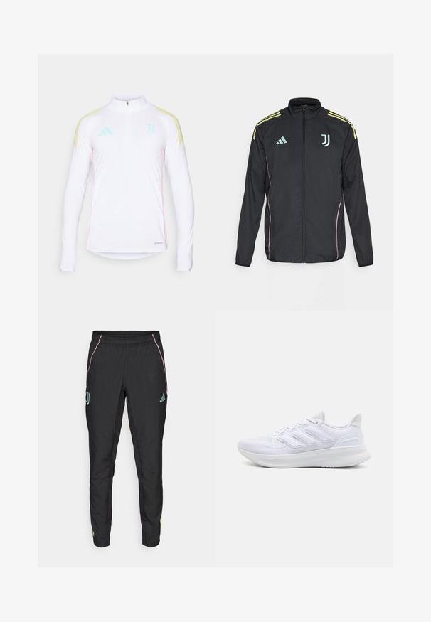 Mustat urheilutakit keltaisilla olkapaitapyrstöillä. Varustettu vetoketjulla edessä, kaksivärisellä Adidas-logolla, Juventuksen emblemillä ja vaaleanpunaisilla sivutunneilla.; Valkoinen pitkähihainen urheiluvaate, jossa on puoli-vetoketju, keltaiset hartiaraitat, minttuvihreät yksityiskohdat ja vaaleanpunaiset sivusaumat. Mukana Aeroready-brändäys.; Mustat urheiluhousut, joissa on sileä pinta. Ominaisuuksia ovat vaaleanpunaiset ja turkoosit yksityiskohdat, joustava vyötärö ja logotiedot sivuilla.; Valkoiset urheilukengät, joissa on teksturoitu verkkomateriaali ylhäällä, tukevat pehmustetut pohjat ja kolme raitaa sivussa.