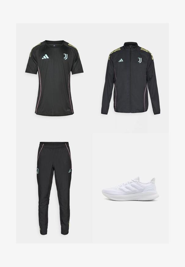 Giacca a track nera con strisce gialle sulle spalle. Presenta una zip frontale, logo Adidas bicolore, emblema della Juventus e dettagli in rosa sui lati.; Maglia nera a maniche corte con dettagli azzurri chiari, strisce gialle sulle spalle e piping rosa lungo i lati. Presenta i loghi di Adidas e Juventus.; Pantaloni sportivi neri con una texture liscia. Presentano dettagli rosa e turchese, una vita elastica e dettagli del logo sui lati.; Scarpe sportive bianche con tomaia in mesh texturato, suola ammortizzata e supportiva, e design a tre strisce sul lato.