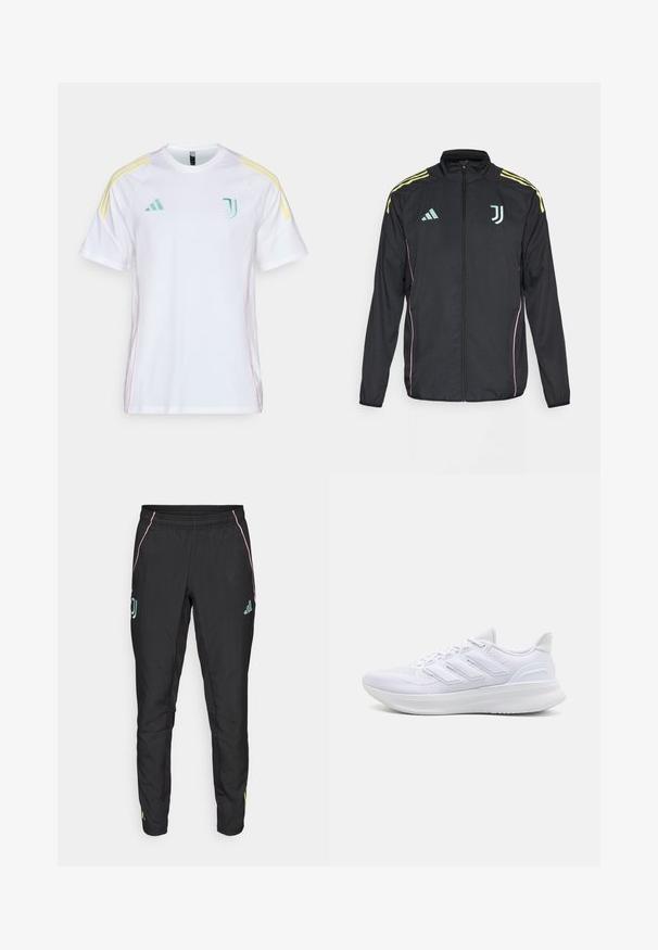 Giacca a track nera con strisce gialle sulle spalle. Presenta una zip frontale, logo Adidas bicolore, emblema della Juventus e dettagli in rosa sui lati.; Maglietta bianca a maniche corte con strisce contrastanti gialle sulle spalle. Presenta un logo verde ricamato sul petto e cuciture laterali rosa.; Pantaloni sportivi neri con una texture liscia. Presentano dettagli rosa e turchese, una vita elastica e dettagli del logo sui lati.; Scarpe sportive bianche con tomaia in mesh texturato, suola ammortizzata e supportiva, e design a tre strisce sul lato.