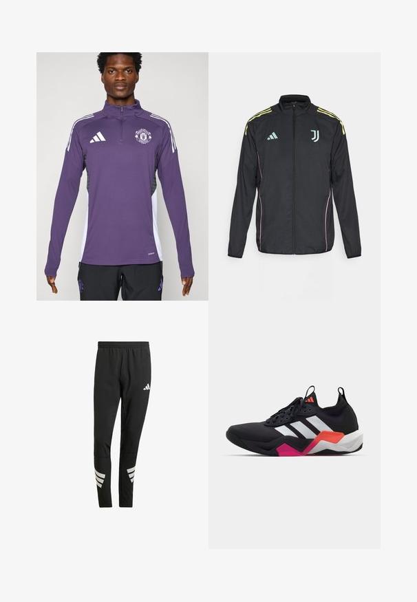 Casaco desportivo preto com riscas amarelas nos ombros. Apresenta fecho zip, logotipo Adidas em duas tonalidades, emblema da Juventus e acentos laterais em rosa.; Casaco desportivo roxo com gola de zíper, apresentando riscas brancas nos ombros e o logo do Manchester United. Feito de material liso e leve.; Calças atléticas pretas com um cós elástico, apresentando detalhes refletivos brancos em padrão riscado nas pernas inferiores. Feitas de um tecido suave.; Sapatilha atlética preta com riscas brancas, parte superior texturizada e sola robusta com detalhes em laranja, rosa e branco. Design com atacadores e alça de puxar.