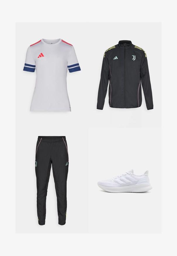 Chaqueta deportiva negra con rayas amarillas en los hombros. Presenta un cierre con cremallera, un logo de Adidas bicolor, el emblema de la Juventus y acentos rosas en los laterales.; Camiseta atlética blanca de manga corta con acentos rojos y marinos. Presenta el logo de Adidas, mangas de rayas en color marino y un diseño de cuello redondo.; Pantalones deportivos negros con una textura suave. Presentan acentos en rosa y turquesa, una cinturilla elástica y detalles del logo en los lados.; Zapatillas deportivas blancas con una parte superior de malla texturizada, suela acolchada y soporte, y un diseño de tres rayas en el lateral.