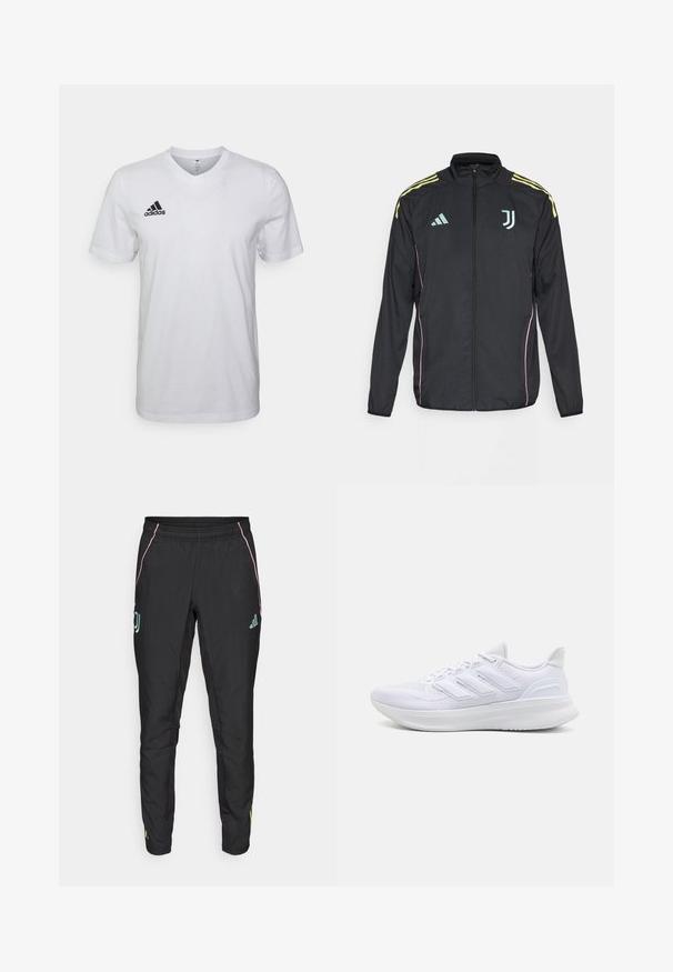Chaqueta deportiva negra con rayas amarillas en los hombros. Presenta un cierre con cremallera, un logo de Adidas bicolor, el emblema de la Juventus y acentos rosas en los laterales.; Camiseta blanca de algodón con escote en V, mangas cortas y un logo negro de Adidas en el lado izquierdo del pecho. Diseño simple y ligero.; Pantalones deportivos negros con una textura suave. Presentan acentos en rosa y turquesa, una cinturilla elástica y detalles del logo en los lados.; Zapatillas deportivas blancas con una parte superior de malla texturizada, suela acolchada y soporte, y un diseño de tres rayas en el lateral.