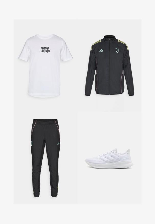 Sort træningsjakke med gule skulderstriber. Har en lynlås foran, to-farvet Adidas-logo, Juventus-emblem og lyserøde sidelæg.; Hvid bomulds T-shirt med korte ærmer, prydet med et sort Adidas Football grafik på forsiden. Standard crewneck design.; Sorte træningsbukser med en glat tekstur. Har rosa og turkis accenter, en elastisk talje, og logo detalje på siderne.; Hvide sportssko med en tekstureret mesh-overdel, en støttende polstret sål og et tre-stripes design på siden.