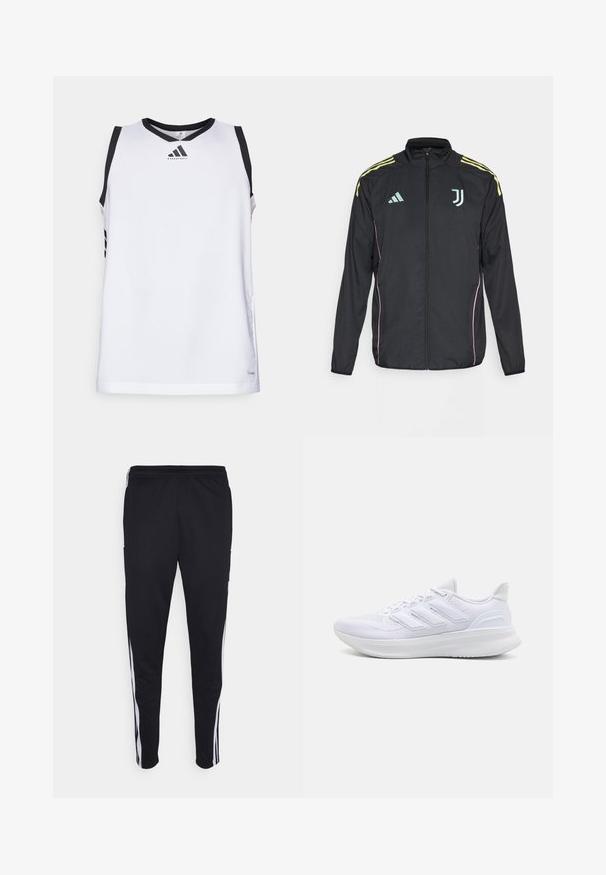 Giacca a track nera con strisce gialle sulle spalle. Presenta una zip frontale, logo Adidas bicolore, emblema della Juventus e dettagli in rosa sui lati.; Canotta da basket bianca con colletto e dettagli neri sulle spalle, caratterizzata da un logo sul petto e tre strisce nere su ciascun lato.; Pantaloni sportivi neri con una vestibilità rilassata, con strisce bianche sui lati, vita con cordoncino e due tasche laterali. Realizzati in tessuto morbido.; Scarpe sportive bianche con tomaia in mesh texturato, suola ammortizzata e supportiva, e design a tre strisce sul lato.