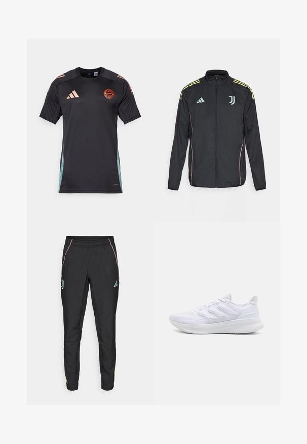 Giacca a track nera con strisce gialle sulle spalle. Presenta una zip frontale, logo Adidas bicolore, emblema della Juventus e dettagli in rosa sui lati.; Maglietta nera del FC Bayern Monaco realizzata in tessuto traspirante. Presenta strisce di accentuazione rosa sulle spalle e un pannello teal sui lati.; Pantaloni sportivi neri con una texture liscia. Presentano dettagli rosa e turchese, una vita elastica e dettagli del logo sui lati.; Scarpe sportive bianche con tomaia in mesh texturato, suola ammortizzata e supportiva, e design a tre strisce sul lato.