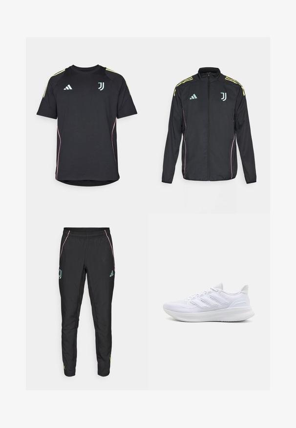 Černá sportovní bunda s žlutými pruhy na ramenech. Obsahuje zip vpředu, dvoubarevné logo Adidas, emblém Juventusu a růžové boční akcenty.; Černé sportovní tričko s krátkým rukávem, ozdobené světle modrými a žlutými akcenty. Má kulatý výstřih a logo na hrudi. Hladká textilie.; Černé sportovní kalhoty s hladkým povrchem. Mají růžové a tyrkysové akcenty, elastický pas a detaily s logem po stranách.; Bílé sportovní boty s texturovaným síťovaným svrškem, podpůrnou polstrovanou podrážkou a třemi pruhy na boku.