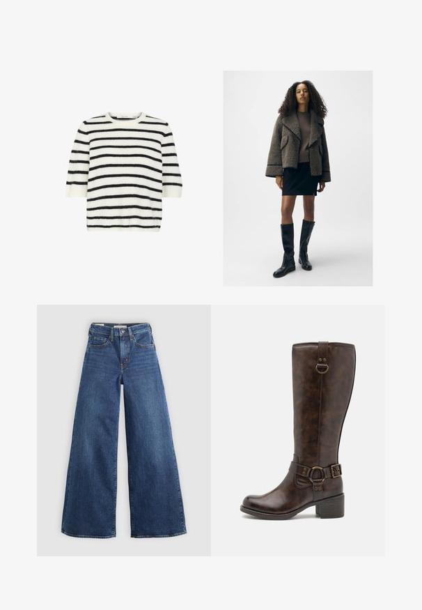 Teksturirana rjava jakna iz ovčje kože s širokimi reverji, prilegajoč pulover iz rjave barve, črna mini krila in črne usnjene čizme do kolen.; Pulover s kratkimi rokavi iz mehkega, puhastega materiala, ki ima vodoravne črne in bele črte, okroglo ovratnik in sproščen kroj.; Široke jeans hlače iz modrega denima z petimi žepi, zapiranjem na gumb in kontrastnim šivanjem, ki se ponašajo z mehko in teksturirano obdelavo.; Rjave usnjene škornje do kolen z zaokroženim nosom, okrasnim pasom, krožno kovinsko dodatno opremo in nizko kvadratno peto. Gladka tekstura po celotni površini.