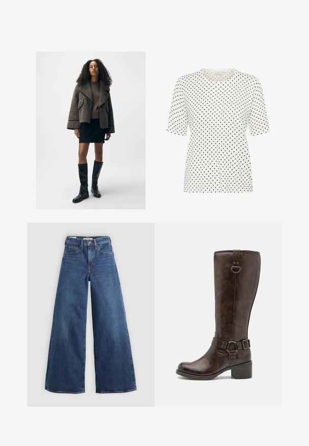 Textured brown shearling jacket with wide lapels, a fitted brown sweater, black mini skirt, and knee-high black leather boots.; White short-sleeve t-shirt with a round neckline, featuring a pattern of small black dots throughout. Soft fabric with a relaxed fit.; Wide-leg blue denim jeans with five pockets, a button closure, and contrast stitching, featuring a soft and textured finish.; Brown leather knee-high boots with a rounded toe, decorative belt strap, circular hardware, and a low block heel. Smooth texture throughout.