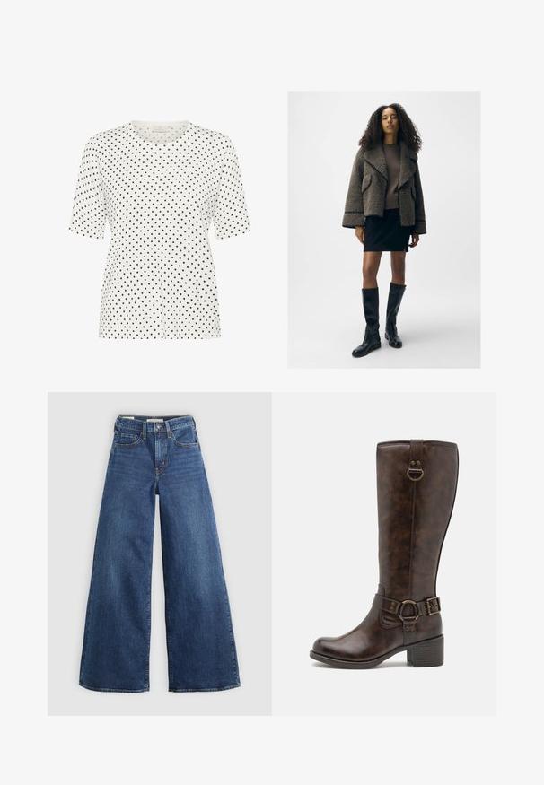 Textured brown shearling jacket with wide lapels, a fitted brown sweater, black mini skirt, and knee-high black leather boots.; White short-sleeve t-shirt with a round neckline, featuring a pattern of small black dots throughout. Soft fabric with a relaxed fit.; Wide-leg blue denim jeans with five pockets, a button closure, and contrast stitching, featuring a soft and textured finish.; Brown leather knee-high boots with a rounded toe, decorative belt strap, circular hardware, and a low block heel. Smooth texture throughout.