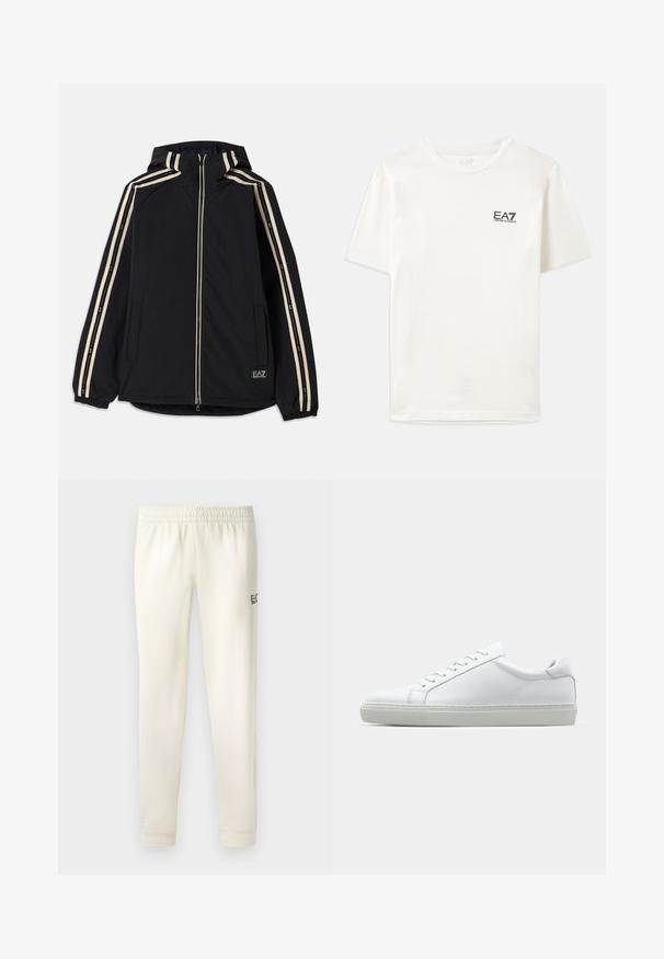 Zwarte hoodie met twee verticale crèmekleurige strepen langs de mouwen, voorrits, zijzakken en een logopatch op de onderzijde van de voorkant.; Witte katoenen T-shirt met korte mouwen, een ronde hals en een klein zwart EA7-logo op de linkerborst. Glad textuur, standaard pasvorm.; Witte sweatpants met een elastische tailleband, cuffs aan de enkels en een klein zwart logo aan de linkerkant. Glad katoenmateriaal.; Witte sneaker met een gladlederen bovenwerk en een laag profiel. Voorzien van een ronde neus, zes vetergaatjes en een gestructureerde rubberen zool.