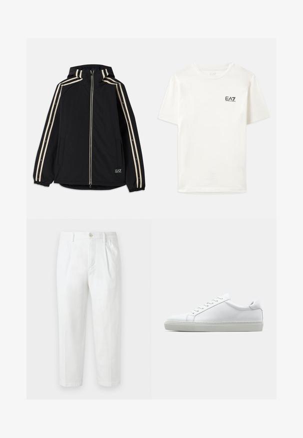 Czarna kurtka z kapturem z dwoma pionowymi, kremowymi paskami wzdłuż rękawów, z przodem na zamek, bocznymi kieszeniami i naszywką z logo na dolnej części przodu.; Biała bawełniana koszulka z krótkim rękawem, okrągłym dekoltem i małym czarnym logo EA7 po lewej stronie klatki piersiowej. Gładka faktura, standardowy krój.; Białe bawełniane spodnie o prostym kroju, z zapięciem na guzik, plisowanym przodem i podwiniętymi nogawkami. Gładka faktura bez widocznych wzorów.; Białe sneakersy z gładką skórzaną cholewką i niskim profilem. Posiadają okrągły nos, sześć dziurek na sznurówki oraz teksturowaną gumową podeszwę.