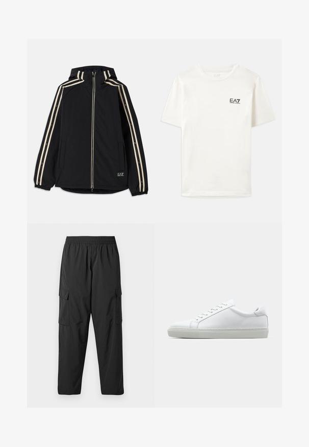 Črna kapuca jakna z dvema navpičnima smetanastima črtama ob rokavih, sprednjim zadrgo, stranskimi žepi in logotipom na spodnjem sprednjem delu.; Bela bombažna majica s kratkimi rokavi, okroglim izrezom in majhnim črnim logotipom EA7 na levem prsnem delu. Gladka tekstura, standarden kroj.; Črne cargo hlače iz lahkega blaga, z elastičnim pasom, stranskimi žepek za cargo in sproščenim, ravnim krojem.; Bela športna obutev z gladkim usnjenim zgornjim delom in nizkim profilom. Ima zaokrožen nos, šest lukenj za vezalke in teksturiran gumijast podplat.