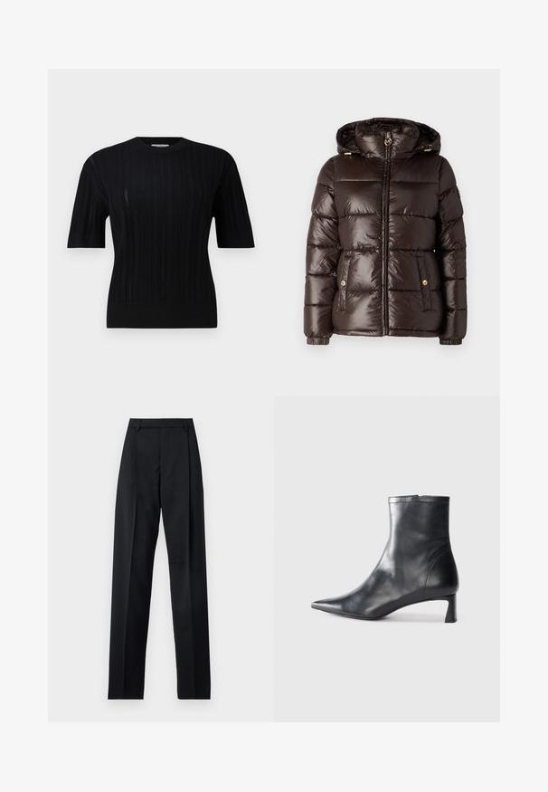 MICHAEL Michael Kors ULTRA LIGHTWEIGHT PUFFER - Téli dzseki - chocolate; Filippa K BRAID - Pulóver - black; Fekete nadrág sima anyagból, magas derékkal, széles lábakkal, elülső redőkkel és klasszikus övhurkokkal. Oldalzsebek nem láthatók.; Fekete bőr bokacsizma hegyes orral és letisztult dizájnnal. Alacsony sarka és hátsó cipzáras záródása van. Simának tűnő textúra.