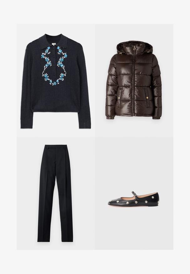 MICHAEL Michael Kors ULTRA LIGHTWEIGHT PUFFER - Talvitakki - chocolate; Laivastonsininen ribattupintainen pitkähihainen neulepaita, jossa on poolokaulus, etunapit ja sinivalkoinen kukka-allas kirjonta rinnassa.; Musta housut, jotka on valmistettu sileästä kankaasta ja joissa on korkea vyötärö, leveät lahkeet, etukaarteet ja klassiset vyölenkit. Ei näkyviä sivutaskuja.; Musta nahkainen Mary Jane -tyylinen tasapohjakenkä, jossa on pyöreä varvas. Kenkässä on hopeisia pyöreitä niittejä ja säätöremmi, jossa on solki.