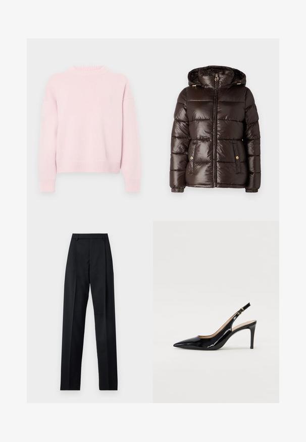 MICHAEL Michael Kors ULTRA LIGHTWEIGHT PUFFER - Veste d'hiver - chocolate; Pull à col rond rose clair avec des manches longues et des poignets, ourlet et col côtelés, présenté sur un fond uni.; Pantalon noir en tissu lisse avec taille haute, jambes larges, plis à l'avant et passants de ceinture classiques. Pas de poches latérales visibles.; Pompe slingback en cuir verni noir avec un bout pointu, un talon fin et un design de découpes subtil. Elle dispose d'une boucle dorée sur la sangle.