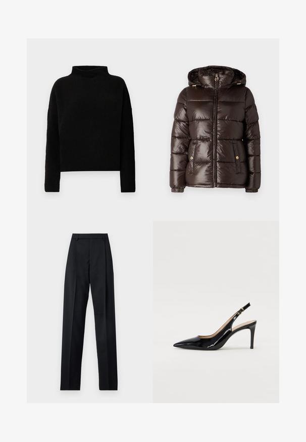 MICHAEL Michael Kors ULTRA LIGHTWEIGHT PUFFER - Veste d'hiver - chocolate; Pull en col roulé noir en tissu doux, avec des manches longues et une coupe décontractée, présentant des coutures minimales et sans embellissements visibles.; Pantalon noir en tissu lisse avec taille haute, jambes larges, plis à l'avant et passants de ceinture classiques. Pas de poches latérales visibles.; Pompe slingback en cuir verni noir avec un bout pointu, un talon fin et un design de découpes subtil. Elle dispose d'une boucle dorée sur la sangle.