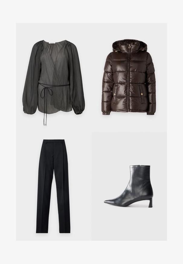 MICHAEL Michael Kors ULTRA LIGHTWEIGHT PUFFER - Zimska jakna - chocolate; Črna plisejska zavita bluzka z dolgimi napihnjenimi rokavi, pasom na vezanje in lahkotnim, teksturiranim materialom. Okrogla zapirala na manšetah.; Črne hlače iz gladkega materiala, ki imajo visok pas, široke noge, sprednje nabore in klasične zanke za pas. Nevidni stranski žepi.; Črne usnjene gležnjarje s šiljastim nosom in elegantnim dizajnom. Imajo nizko peto in zadrgo na zadnji strani. Gladka tekstura.