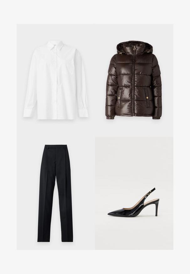 MICHAEL Michael Kors ULTRA LIGHTWEIGHT PUFFER - Giacca invernale - chocolate; Camicia bianca a maniche lunghe in cotone, con colletto classico, chiusura a bottoni e una tasca singola sul lato sinistro.; Pantaloni neri realizzati in tessuto morbido, caratterizzati da vita alta, gambe larghe, pince frontali e classiche passanti per cintura. Non ci sono tasche laterali visibili.; Pumps slingback in pelle verniciata nera con punta affilata, tacco sottile e un design con ritagli delicati. Caratterizzate da una fibbia dorata sul cinturino.