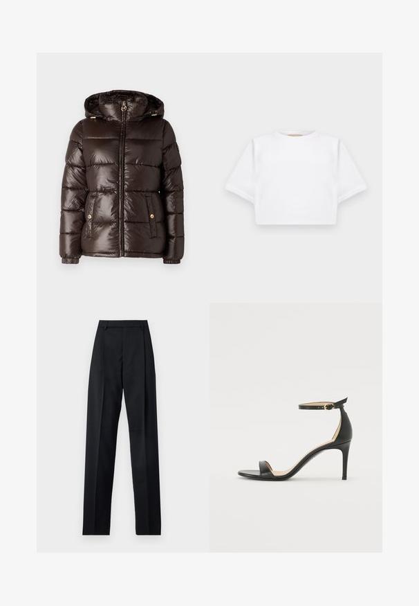 MICHAEL Michael Kors ULTRA LIGHTWEIGHT PUFFER - Winterjas - chocolate; Gemiddelde witte T-shirt gemaakt van zachte stof, met korte mouwen, een ronde halslijn en geribbelde zoomdetails. Eenvoudig en ongecompliceerd ontwerp.; Zwarte broek gemaakt van gladde stof met een hoge taille, wijde benen, voorplooien en klassieke ceintuurlussen. Geen zijzakken zichtbaar.; Zwarte leren hoge hak sandaal met enkelbandje. Heeft een gladde textuur, open teen en een dunne hak. Gouden gesp detail.