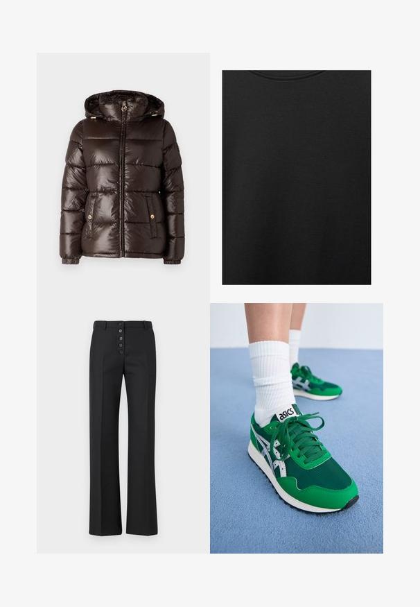 MICHAEL Michael Kors ULTRA LIGHTWEIGHT PUFFER - Zimná bunda - chocolate; Čierna bavlnená tkanina s hladkou textúrou a okrúhlym výstrihom, s jemným, rovnomerným zrnom. Žiadne viditeľné logo ani akcenty.; The Kooples PANTALON - Nohavice - black; Zelené sieťované a syntetické tenisky s bielymi akcentmi a čiernou gumovou podrážkou. Obsahujú šnúrky, polstrovaný golier a logo ASICS na jazyku.