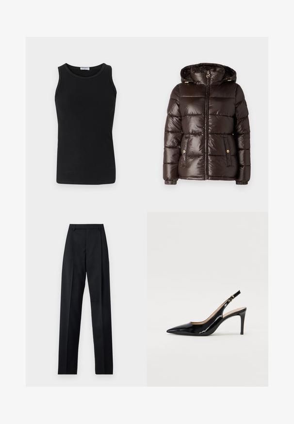 MICHAEL Michael Kors ULTRA LIGHTWEIGHT PUFFER - Zimní bunda - chocolate; Černý žebrovaný top bez rukávů s kulatým výstřihem. Vyrobeno z pružného materiálu, má přiléhavý střih a čisté okraje.; Černé kalhoty vyrobené z hladké tkaniny, vybavené vysokým pasem, širokými nohavicemi, předními záhyby a klasickými poutky na opasek. Nejsou viditelné boční kapsy.; Černé lakované slingback lodičky s špičatou špičkou, úzkým podpatkem a jemným výřezem. Obsahují zlatou sponu na řemínku.
