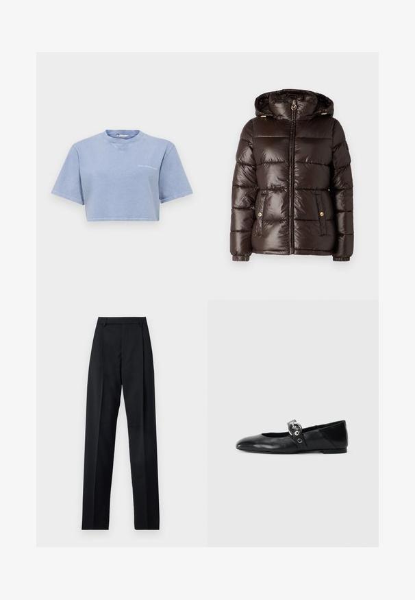 MICHAEL Michael Kors ULTRA LIGHTWEIGHT PUFFER - Winter jacket - chocolate; Cropped light blue t-shirt made of soft fabric, featuring short sleeves, a round neckline, and a small graphic print on the front.; Black trousers made from smooth fabric featuring a high waist, wide legs, front pleats, and classic belt loops. No side pockets visible.; Black leather ballet flats with a pointed toe, featuring a strap with a circular metallic buckle and a flat sole.