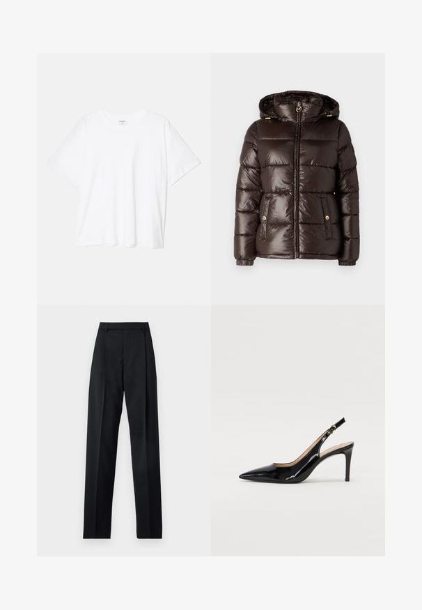 MICHAEL Michael Kors ULTRA LIGHTWEIGHT PUFFER - Zimska jakna - chocolate; Bela bombažna majica s kratkimi rokavi, okroglim izrezom, sproščenim krojem in šivanim robom. Oznaka vidna na notranji strani izreza.; Črne hlače iz gladkega materiala, ki imajo visok pas, široke noge, sprednje nabore in klasične zanke za pas. Nevidni stranski žepi.; Črne lakirane slingback čevlje z izostrenim nosom, ozkim peto in subtilnim izrezom. Na traku je zlata sponka.