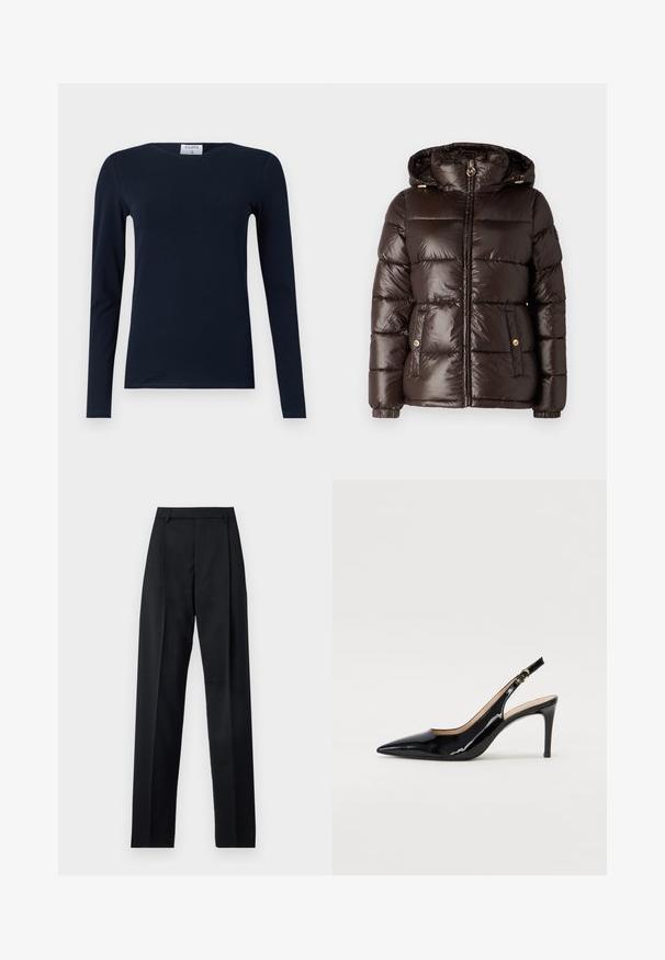 MICHAEL Michael Kors ULTRA LIGHTWEIGHT PUFFER - Winterjacke - chocolate; Marineblaues Langarm-T-Shirt aus weicher Baumwolle. Verfügt über einen runden Hals, Slim-Fit-Schnitt und einen regulären Saum ohne sichtbare Muster oder Akzente.; Schwarze Hosen aus glattem Stoff mit hoher Taille, weitem Bein, vorderen Falten und klassischen Gürtelschlaufen. Keine sichtbaren Seitentaschen.; Schwarz lackierte Slingback-Pumps mit spitzem Zehenbereich, schlankem Absatz und einem subtilen Ausschnittdesign. Verfügt über eine goldene Schnalle am Riemen.