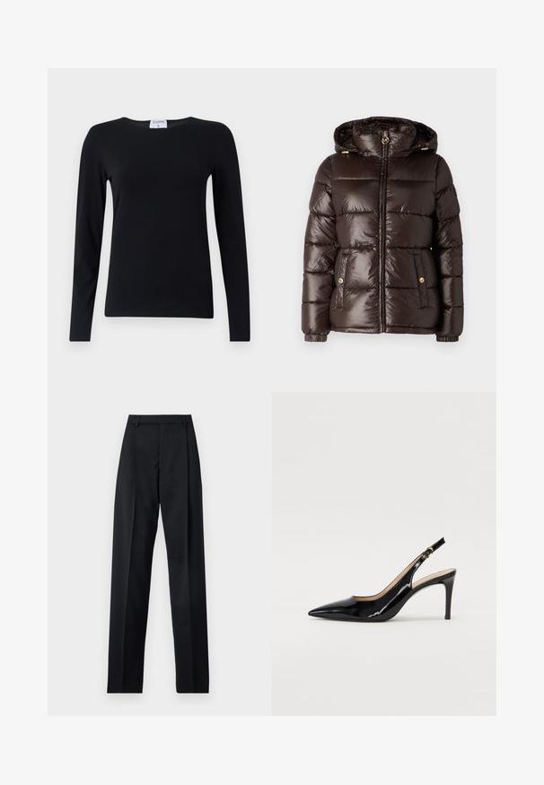 MICHAEL Michael Kors ULTRA LIGHTWEIGHT PUFFER - Talvitakki - chocolate; Pitkähihaista mustaa paitaa, joka on valmistettu pehmeästä kankaasta. Paita on pyöreäkauluksinen, suorahko malli, jossa on vähäiset saumat puhtaan ilmeen saavuttamiseksi.; Musta housut, jotka on valmistettu sileästä kankaasta ja joissa on korkea vyötärö, leveät lahkeet, etukaarteet ja klassiset vyölenkit. Ei näkyviä sivutaskuja.; Musta lakattu nahkainen slingback-korkokenkä, jossa on terävä kärki, kapea korko ja hillitty leikkaussuunnittelu. Varressa on kultainen solki.