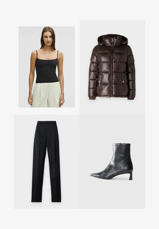 MICHAEL Michael Kors ULTRA LIGHTWEIGHT PUFFER - Chaqueta de invierno - chocolate; Top negro sin mangas con escote cuadrado y silueta ajustada, hecho de una tela suave y ligera. Combinado con pantalones palazzo de color pálido.; Pantalones negros de tela suave con cintura alta, piernas amplias, pliegues frontales y lazos de cinturón clásicos. No hay bolsillos laterales visibles.; Botín de cuero negro hasta el tobillo con punta afilada y un diseño elegante. Presenta un tacón bajo y un cierre con cremallera en la parte trasera. Textura suave.