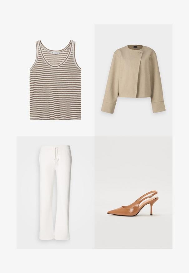 Beige cropped jacket made of textured fabric, featuring a round neckline, a single button closure, and wide sleeves.; Mango LINI - Top - light brown; White, relaxed-fit sweatpants made of soft fabric, featuring an elastic waistband with a drawstring and straight-leg design.; Pointed toe slingback heel in a smooth, glossy tan material. Features a curved cutout design and a slender stiletto heel. Silver buckle detail.